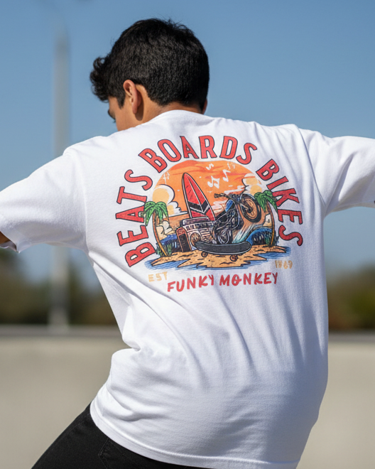 Person wearing a white t-shirt with a colorful graphic and text on the back.